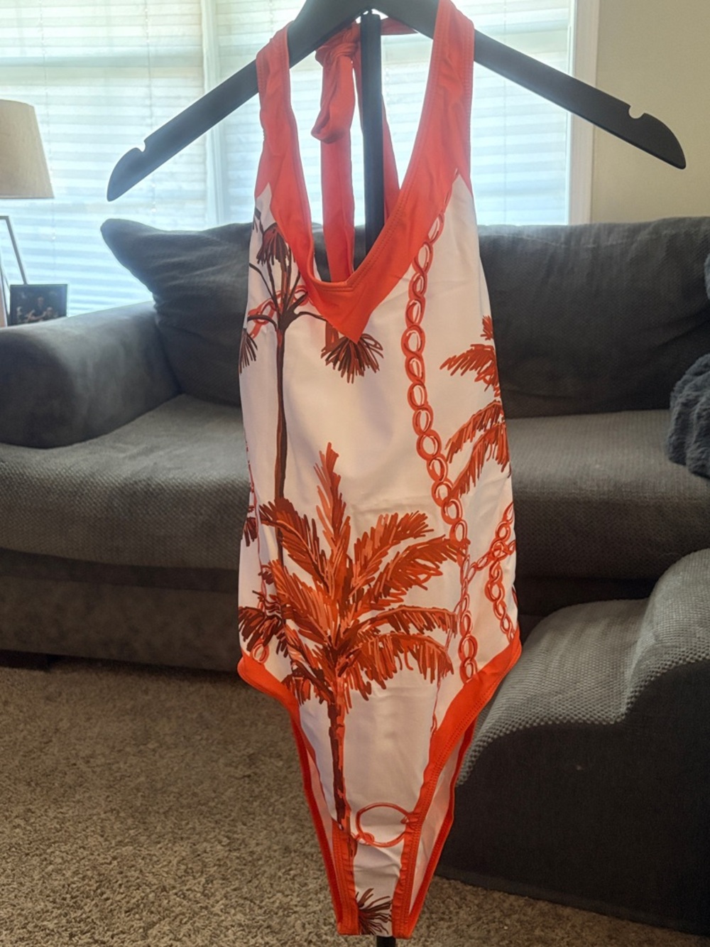 Orange Palm Print Halter One-Piece Swimsuit with side tie skirt